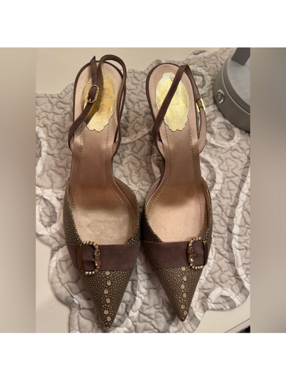 Rene Caovilla Brown Pointed Slingback Heels with Rhinestone Buckle Detail